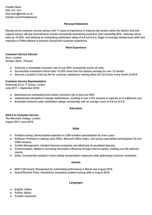 logros en un ejemplo de CV