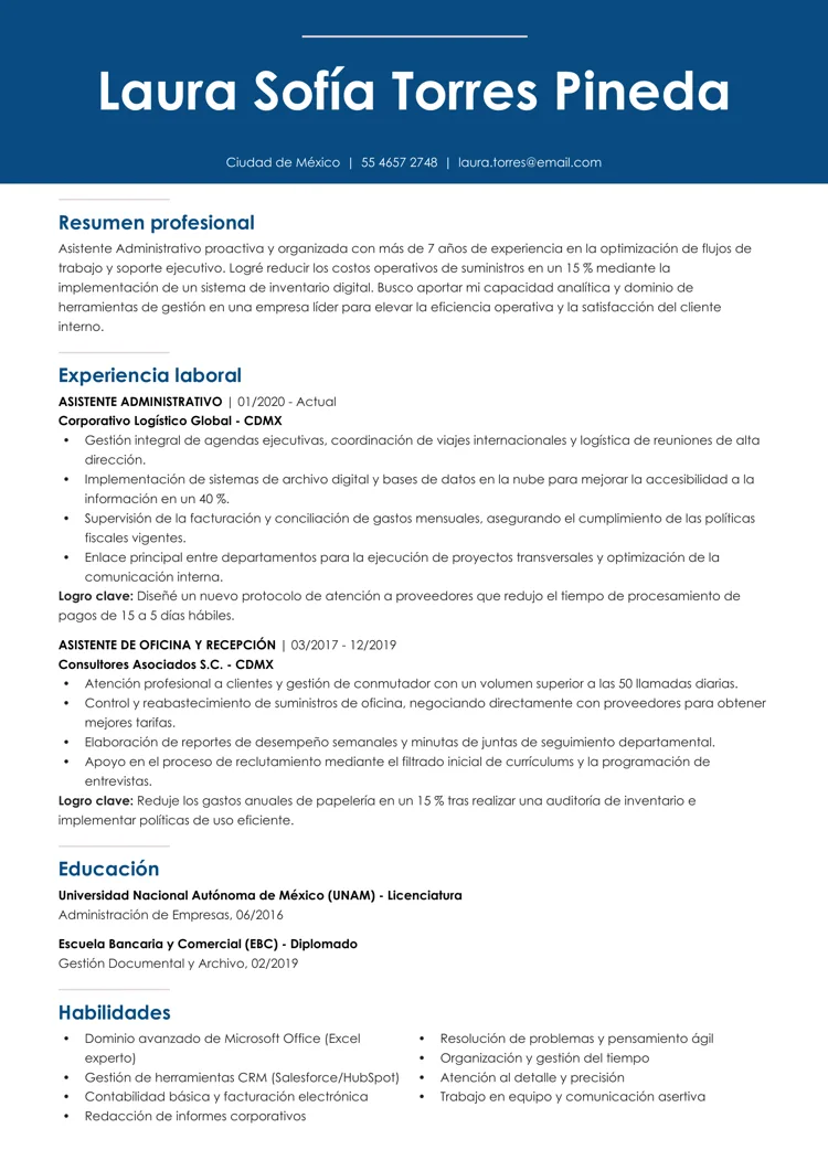 Ejemplo de plantilla de currículum en Word con encabezado en azul