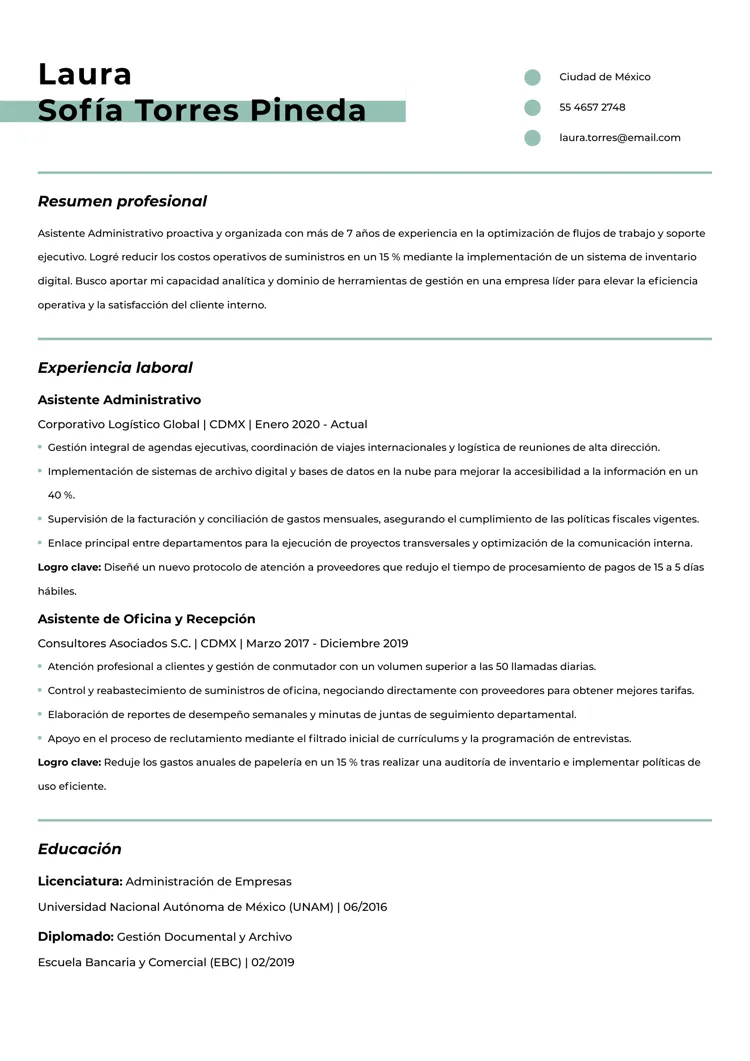 Ejemplo de plantilla de currículum en Word de estilo sencillo en tono verde
