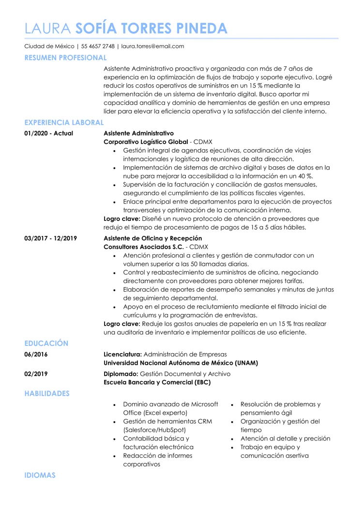 Ejemplo de plantilla de currículum básico en tono azul