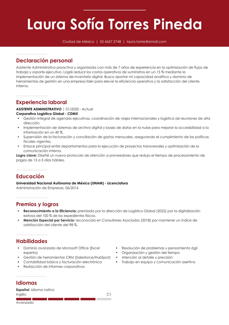 Ejemplo de formato de CV con encabezado en rojo