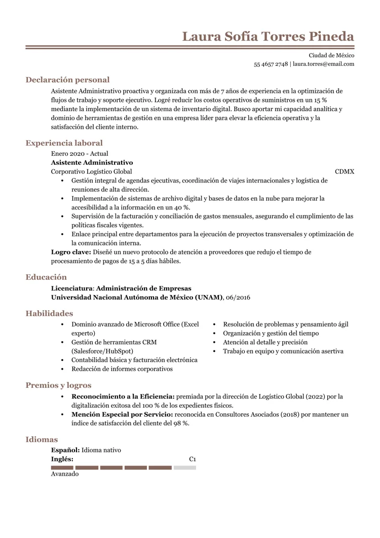 Ejemplo de formato de CV de estilo sobrio