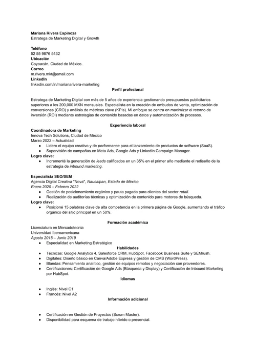 ejemplo de estructura de un curriculum vitae