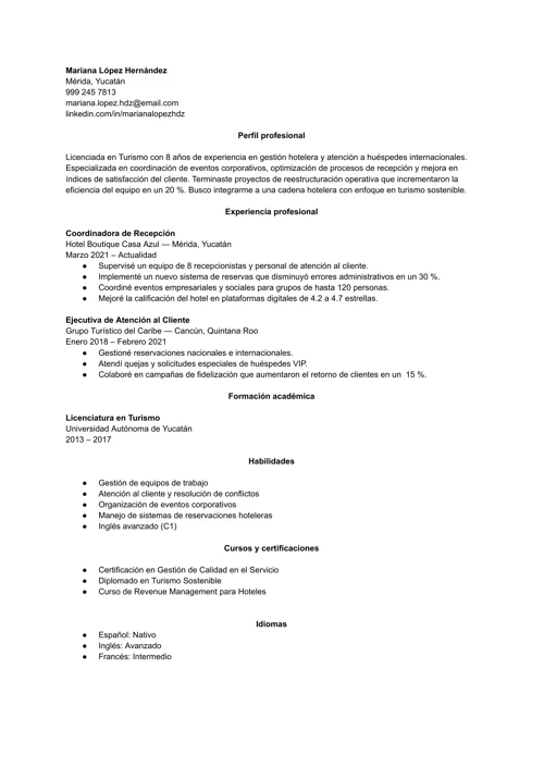 Ejemplo de perfil profesional en el CV