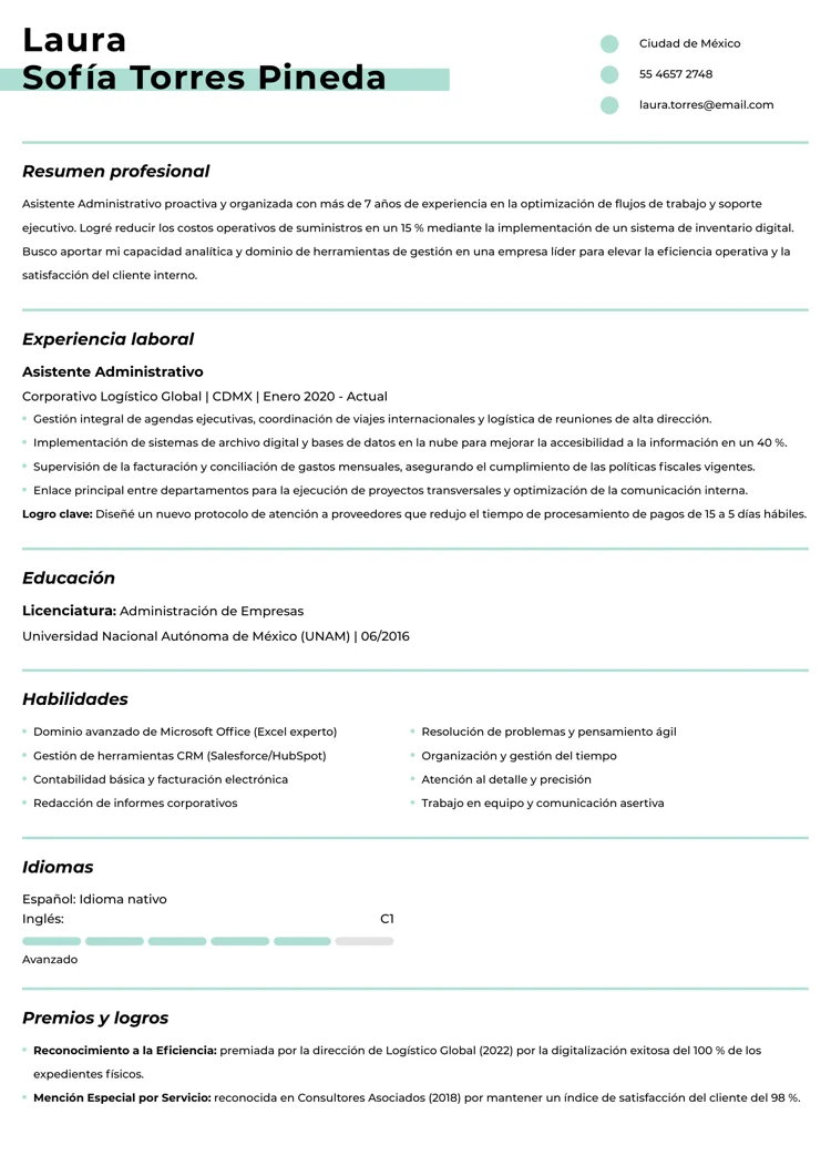 Ejemplo de plantilla de currículum en Word de estilo sencillo en tono azul