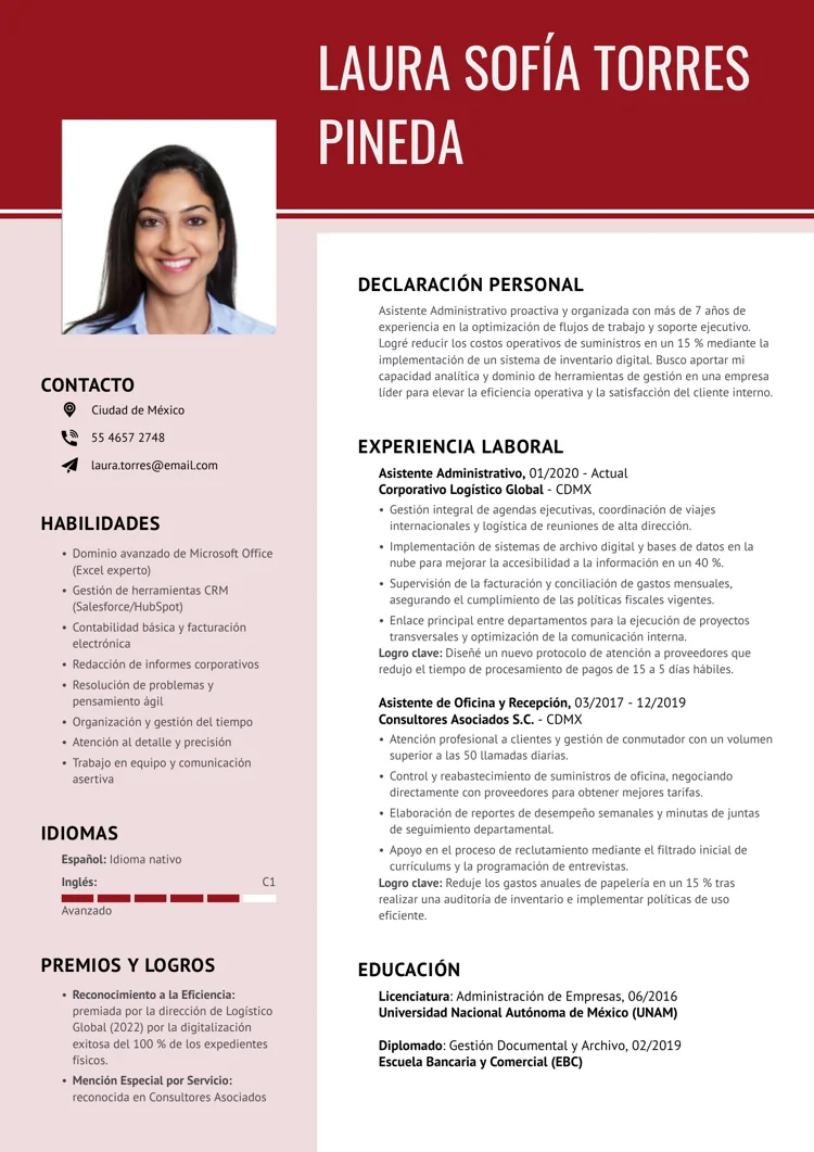Ejemplo de formato de CV en rojo de estilo contemporáneo