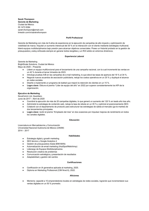Ejemplo de CV con objetivo profesional