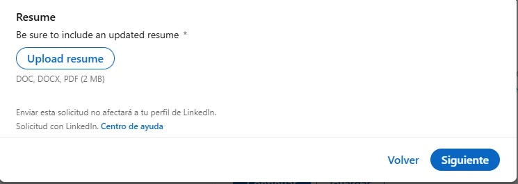 imagen que muestra dónde subir el CV a LinkedIn al solicitar un empleo