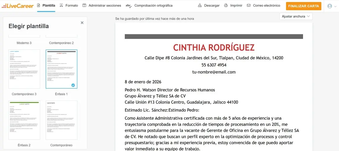 Ejemplo de carta de presentación breve creada con Livecareer Builder