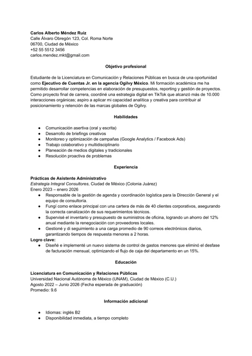 Ejemplo de CV sin experiencia