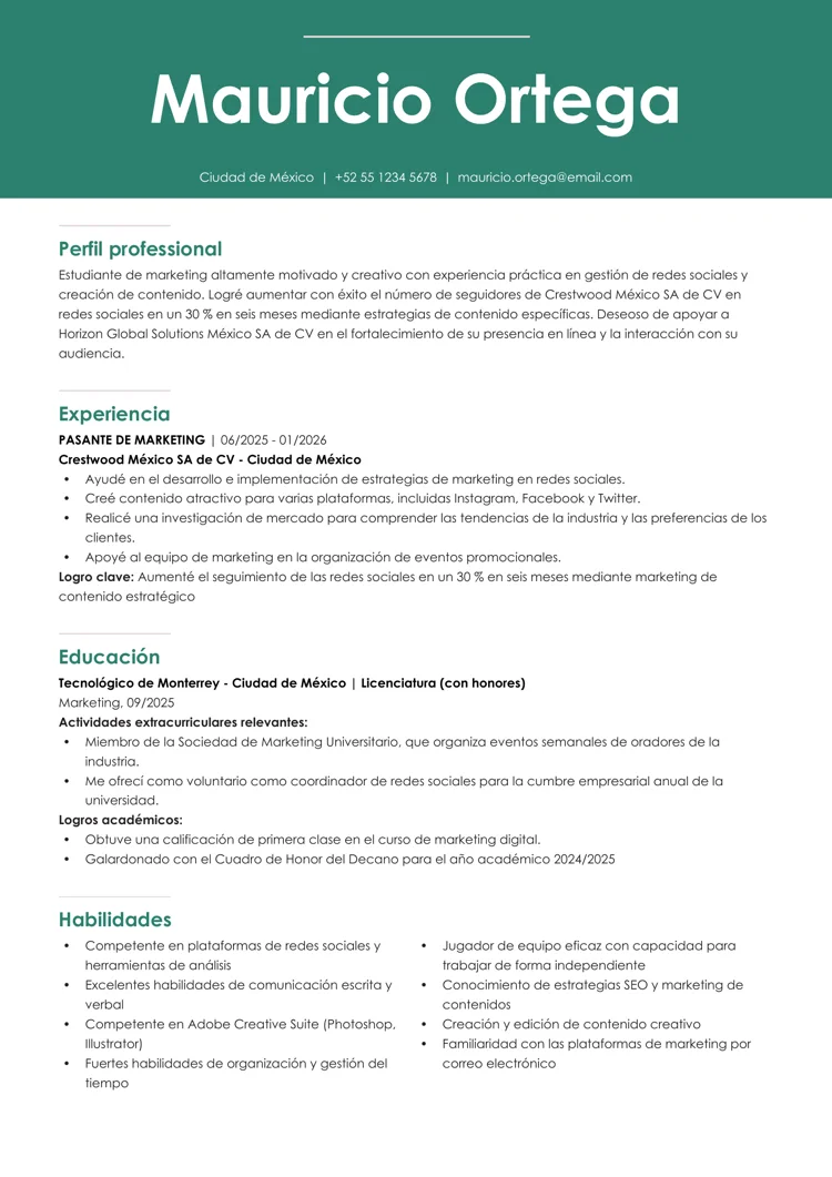 Ejemplo de plantilla de currículum para prácticas profesionales con encabezado en verde