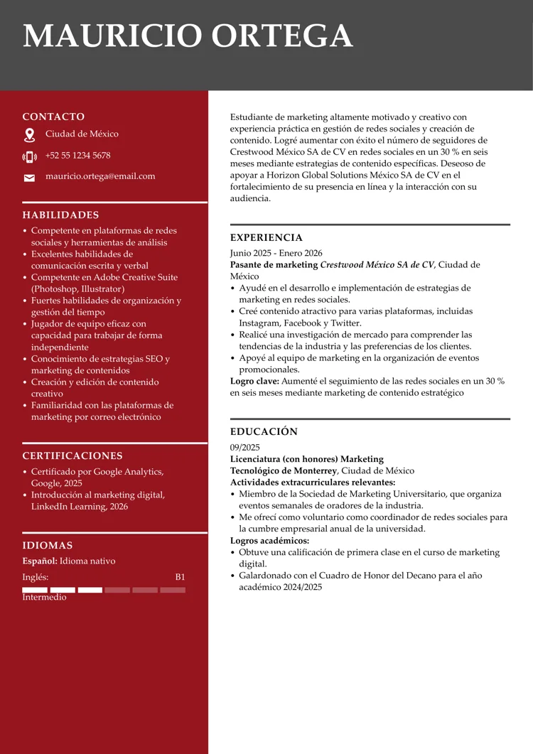 Ejemplo de plantilla de currículum para prácticas profesionales a dos columnas en tono rojo