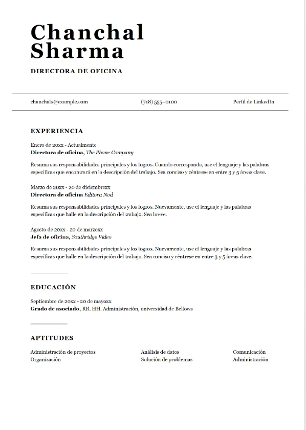 Plantilla de curriculum vitae de Word para profesiones de oficina
