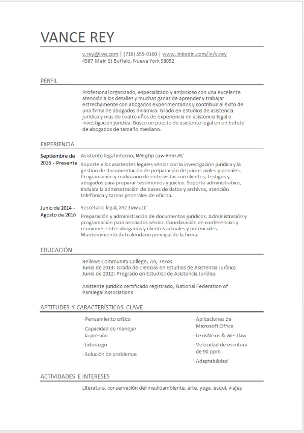 Plantilla de CV de Word para el sector legal