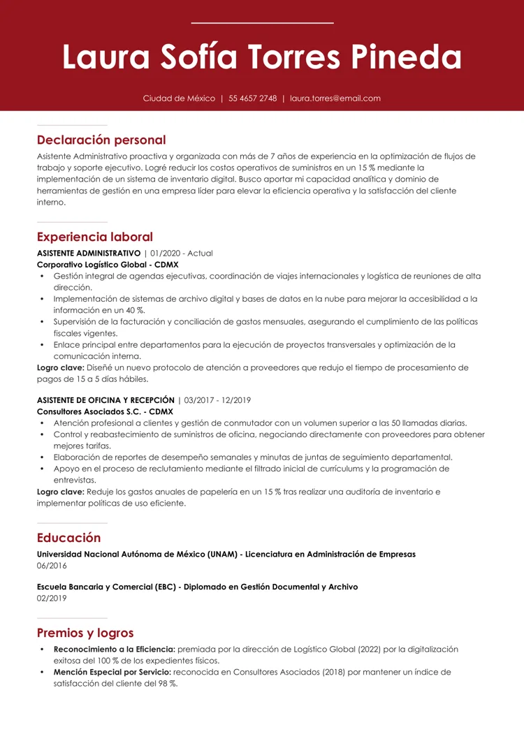 Ejemplo de plantilla de currículum en Word con encabezado en rojo