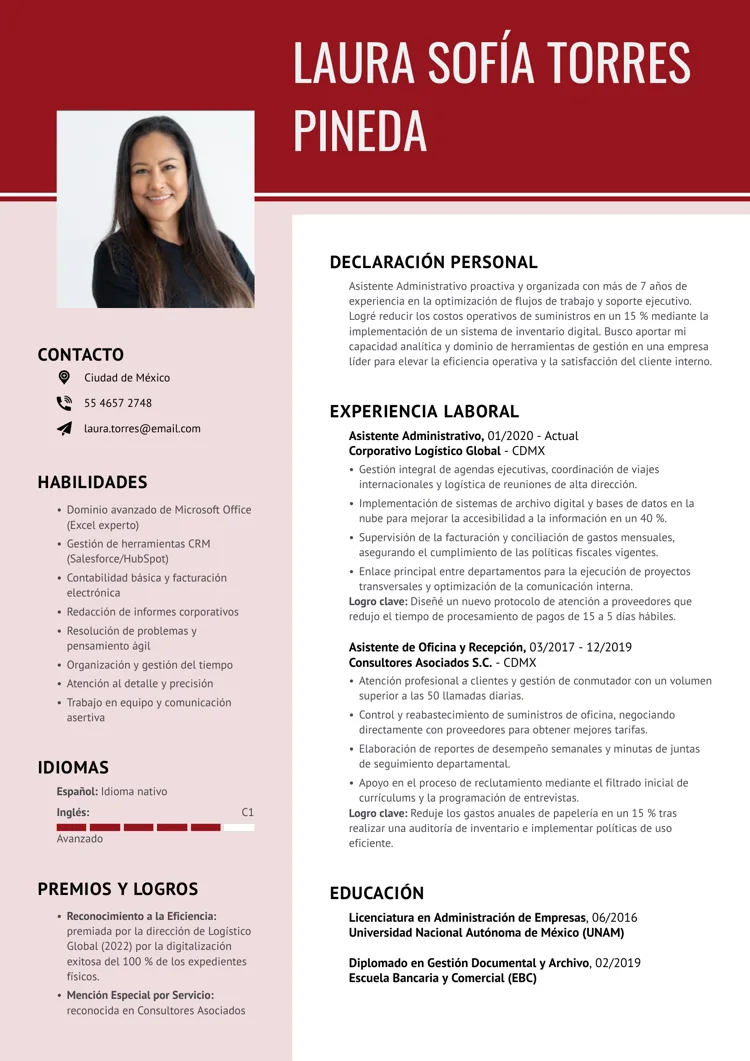 Ejemplo de plantilla de currículum en Word a dos columnas en rojo