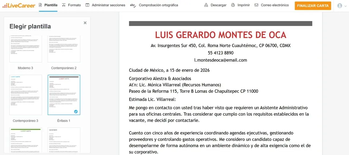 Ejemplo de carta de presentación corta