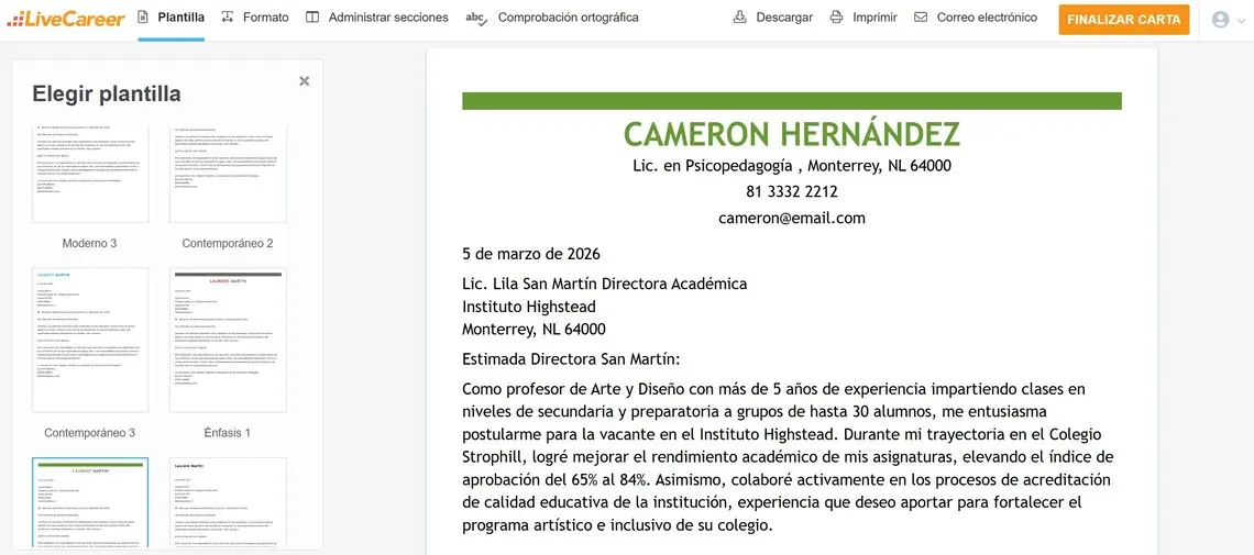 ejemplo de carta de presentación para profesor